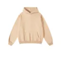 Detailed view of casual fleece-lined khaki hoodie, showing thick fabric and front pocket. - Khaki