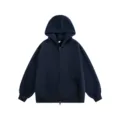 Heavyweight solid navy blue zip up hoodie for men and women, casual loose fleece outerwear. - Navy Blue