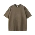 Vintage washed short sleeve t-shirt, casual loose drop shoulder solid color crewneck top. - Brown