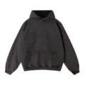 Heavyweight washed vintage hoodie, dark grey cotton pullover with front pocket, stylish SKU view. - S / Washed Black