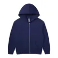 Detail shot of solid navy blue full-zip hooded sweatshirt with front pockets and comfortable fit. - S / Navy Blue