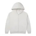 Detail view of the casual grey zip-up hoodie featuring a cozy hood and front pockets. - S / Light Gray