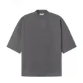 Charcoal grey mock neck short sleeve t-shirt, relaxed fit dropped shoulder casual top for men and women. - S / Dark Gray