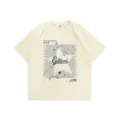 Men's loose drop shoulder short sleeve t-shirt with cool graphic print aesthetic streetwear top. - M / Apricot