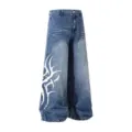 Vintage washed tribal print wide leg denim jeans, American hip hop streetwear casual pants. - S / Blue