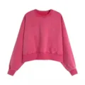 Élégant sweat-shirt court rose vintage à col rond en molleton lavé pour le quotidien. - Rose Fuchsia Col Rond