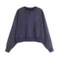 Sweat-shirt col ras du cou vintage bleu foncé uni, coupe ample raccourcie à manches longues. - Sweats col rond bleu roi