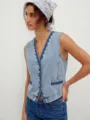 Women casual slim fit sleeveless denim vest with blue floral embroidery and button front. - S / Light Blue