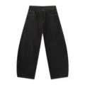 Dark wash curved wide leg denim jeans for men and women, vintage loose fit casual trousers. - Denim Black