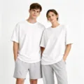 Unisex loose fit solid color short sleeve t-shirt and grey shorts casual summer set. - White