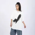 Oversized retro short sleeve t-shirt for men and women, casual streetwear tee with cat graphic. - White
