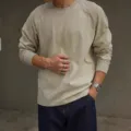 Men's heavy cotton crewneck long sleeve t-shirt, casual raglan basic pullover top. - Khaki