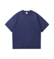 Solid color loose drop shoulder short sleeve loopback cotton t-shirt ribbed hem casual top - Navy Blue