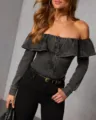 Women off the shoulder denim top vintage slim fit long sleeve ruffle blouse apparel - S / Black