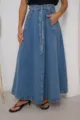 High-waisted denim maxi skirt for women, featuring a stylish belt and casual slim fit design. - S / Dark Blue