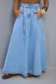 High waist casual light blue denim maxi skirt with matching belt detail, perfect summer wear. - S / Light Blue