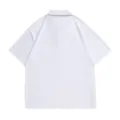 Detailed view of solid white short sleeve polo shirt, lapel collar, plain design, back side. - S / White
