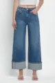 Vue detaillee du jean femme bleu delave a jambe large avec ourlet et taille moyenne. - S / Bleu foncé