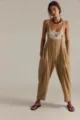 Casual loose sleeveless overall jumpsuit in khaki, featuring side pockets and comfortable fit. - S / Bronze