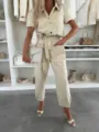 Combinaison en jean beige décontractée pour femme, combi-pantalon à manches courtes et ceinture. - S / Milky blanc