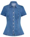 Women short sleeve denim shirt casual lapel button down top summer retro blue denim blouse - S / Tops / Blue