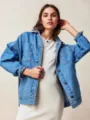 Classic oversized blue denim jacket for women, casual long sleeve outerwear with chest pockets. - Blue