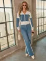 Vue détaillée de l'ensemble deux pièces en denim tendance avec des accents cloutés chics. - S / Hauts
