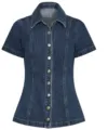 Women's casual short sleeve denim shirt with lapel and metal buttons for summer daily wear. - S / Tops / Dark Blue