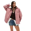 Trendy casual pink oversized pocket denim jacket for women, stylish streetwear outerwear. - S / Pink