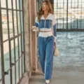 Femme mode patchwork clous denim decontracte ensemble deux pieces jambe large sweat - S / Ensemble