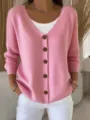 Elegant women's casual pink V-neck knitted cardigan sweater with brown buttons and long sleeves - S / Tops / Pink (458-VLCXKS-1)
