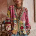 Bohemian patchwork knitted cardigan with floral embroidery and vibrant colorful patterns - S / Tops / Multicolor (458-VLCXKS-8)