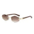 Vintage rahmenlose Farbverlauf Sonnenbrille mit Holzoptik Bügeln und goldenem Metall Detail. - Goldrahmen Tee Verlaufgläser