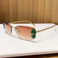 Rimless gradient sunglasses with green clover decor, chic narrow metal frame for women. - Gradient Brown