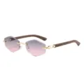 Verlaufende rahmenlose Sonnenbrille mit Holzoptik Buegeln und goldenen Metalldetails fuer Alltag. - Goldrahmen Grau-Rosa Gläser
