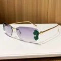Metal rimless sunglasses with gradient purple lenses and green leaf decor, narrow frame. - Light Grey and Light Yellow
