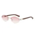 Modische bügellose Polygon Sonnenbrille mit rosa Farbverlauf und eleganten Holzoptik Bügeln. - Silberner Rahmen Rosa Verlauf Gläser