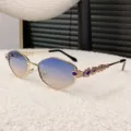 Luxury multi-sided metal sunglasses with gradient lenses and jeweled temples for women. - Gold Frame Blue Orange Lens