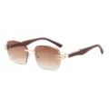 Stilvolle rahmenlose Sonnenbrille mit Metallfassung, Holzmaserung und braunen Gläsern. - Goldrahmen Tee Verlaufgläser