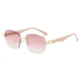 Rosa Farbverlauf rahmenlose Sonnenbrille quadratisch mit Metall Scharnieren und Holzoptik. - Goldener Rahmen Rosafarbene Verlaufsgläser