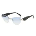 Schicke rahmenlose Cat-Eye-Sonnenbrille für Damen mit blauen Farbverlaufsgläsern und breiten Bügeln. - Silberner Rahmen Farbverlauf Blau Glas