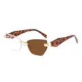 Asymmetrische Cat-Eye-Sonnenbrille für Damen, halb klare halb braune Gläser, Schildpattbügel. - Goldener Rahmen Farbwechselnd Tee Gläser