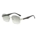 Bequeme rahmenlose quadratische Sonnenbrille mit Metallscharnieren und Holzmaserung Bügeln. - Silberrahmen Gradient Grün