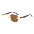 Schicke quadratische Sonnenbrille ohne Rahmen mit goldenen Metallteilen und Holzoptik Bügeln. - Goldener Rahmen Farbwechselnd Tee Gläser
