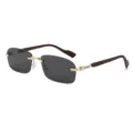 Vintage rahmenlose Sonnenbrille mit Holzbugeln und goldnen Scharnieren fur Damen und Herren. - Goldener Rahmen Holzmaserung Bein Schwarzgraues Glas