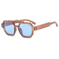 Retro double bridge octagonal sunglasses with clear blue lenses and translucent brown frames. - Tea Frame Blue Lens