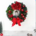 Ghirlanda di Natale artificiale con un grande fiocco rosso e fiori di poinsettia - J1-47 Ghirlanda Luce Rossa (40cm)