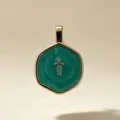 Elegant hexagonal pendant featuring vibrant green enamel and a golden cross symbol design - Blue Cross (Pendant Only)