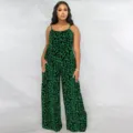 Combinaison à imprimé léopard vert à bretelles spaghetti et jambes larges pour femmes - S / Haut Et Bas / Vert Foncé