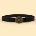 Vintage retro style black leather belt with ornate bronze oval floral buckle for casual wear - Length 109 Width 3.8 / Black